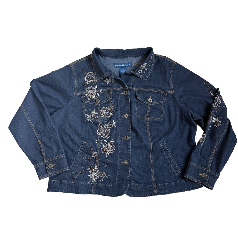 AVENUE JEANS Beaded Embroidered Denim Jacket 1X 18/20 Blue Button Front 4 Pocket - Picture 1 of 11